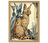 Artery8 Serval Cat with Teal Plants Watercolour Portrait Modern Illustration Artwork Framed Wall Art Print A4