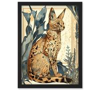 Artery8 Serval Cat with Teal Plants Watercolour Portrait Modern Illustration Artwork Framed Wall Art Print A4