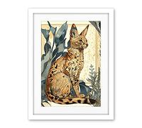 Artery8 Serval Cat with Teal Plants Watercolour Portrait Modern Illustration Artwork Framed Wall Art Print 18X24 Inch