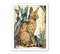 Artery8 Serval Cat with Teal Plants Watercolour Portrait Modern Illustration Artwork Framed Wall Art Print 18X24 Inch