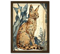 Artery8 Serval Cat with Teal Plants Watercolour Portrait Modern Illustration Artwork Framed Wall Art Print A4