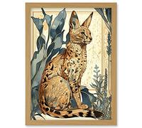 Artery8 Serval Cat with Teal Plants Watercolour Portrait Modern Illustration Artwork Framed Wall Art Print A4 in Light Oak Artery8 Light Oak