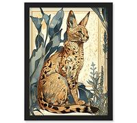 Artery8 Serval Cat with Teal Plants Watercolour Portrait Modern Illustration Artwork Framed Wall Art Print A4 in Black Artery8 Black