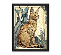 Artery8 Serval Cat with Teal Plants Watercolour Portrait Modern Illustration Artwork Framed Wall Art Print 18X24 Inch