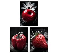 Artery8 Set of 3 A4 Red Apple Pepper Strawberry on Black and White Photograph Kitchen Artwork Unframed Wall Art Living Room Poster Prints Pack