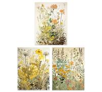 Artery8 Set of 3 A4 Wildflowers Vintage Pastel Colour Floral Artworks Yellow Pink Teal Spring Flower Field Unframed Wall Art Living Room Poster Prints Pack