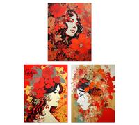 Artery8 Set of 3 A4 Women Faces with Red Flowers Floral Artworks Boho Portraits Unframed Wall Art Living Room Poster Prints Pack