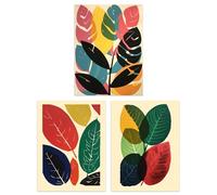 Wall Art Print Set of 3 Abstract Leaf Artworks Colourful Boho Leaves Graphic Acrylic and Watercolour Living Room Poster s Pack Artery8 Multi W12 inch x H16 inch