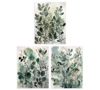 Artery8 Set of 3 Botanical Plants Sage Green Watercolour Eucalyptus Leaves Boho Artworks Unframed Wall Art Living Room Poster Prints Pack Artery8 Pale Green W12" x H16"