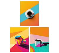 Artery8 Set of 3 Colourful Geometric Graphic Coffee Cup Kitchen 12X16 Inch Wall Art Prints Pack