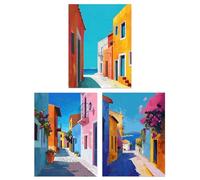 Artery8 Set of 3 Colourful Greek Coastal Street Paintings Living Room A4 Size Wall Art Prints Pack