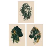 Artery8 Set of 3 Double Exposure Gorilla Ape Forest 12X16" Wall Art Prints in Green | Size: A4 Artery8 Green A4