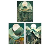 Artery8 Set of 3 Geometric Forest Mountain Landscape Boho Art Deco Tan Teal Green Full Moon Sunrise Artworks Unframed Wall Art Living Room Poster Prints Pack