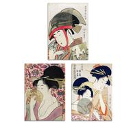 Artery8 Set of 3 Kitagawa Women Japanese Ukiyo-e Pink Blue Wall Art Prints in Beige | Size: A4 Artery8 Beige A4