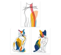 Artery8 Set of 3 Modern Colourful Abstract Line Cat Lover Living Room 12X16 Inch Wall Art Prints Pack