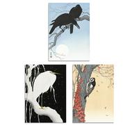 Artery8 Set of 3 Ohara Koson Birds Japanese Nature Beige Blue Wall Art Prints A3 Size Living Room Decor