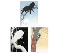 Artery8 Set of 3 Ohara Koson Birds Japanese Nature Beige Blue Wall Art Prints A3 Size Living Room Decor
