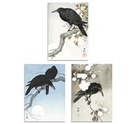 Artery8 Set of 3 Ohara Koson Crows Black White Blue Japanese Wall Art Prints A4 Size Living Room Decor