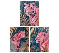 Set of 3 Pink Tiger Leopard Lion Gold Teal Jungle A4 Size Art Prints Artery8 Pink W12 inch x H16 inch