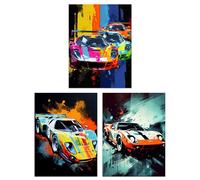 Artery8 Set of 3 Racing Car Motorsport Grand Prix Paintings Bright Colourful Mancave Gift For Him Unframed Wall Art Living Room Poster Prints Pack
