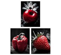 Artery8 Set of 3 A4 Red Apple Pepper Strawberry on Black and White Photograph Kitchen Artwork Unframed Wall Art Living Room Poster Prints Pack