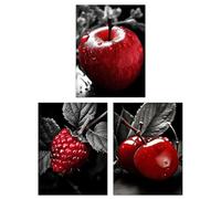 Artery8 Set of 3 Red Apple Raspberry Cherry on Black and White Photograph Kitchen Artwork Unframed Wall Art Living Room Poster Prints Pack