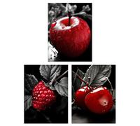 Artery8 Set of 3 A4 Red Apple Raspberry Cherry on Black and White Photograph Kitchen Artwork Unframed Wall Art Living Room Poster Prints Pack