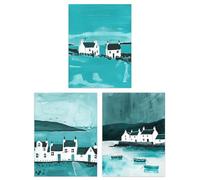 Set of 3 Scottish Hebrides Teal Isle Mull Coastal 12X16" Art Prints Artery8 Blue W12 inch x H16 inch