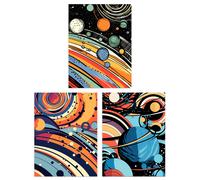 Artery8 Set of 3 A4 Space Cosmos Planets Abstract Comic Book Style Kids Bedroom Bright Orange and Blues Unframed Wall Art Living Room Poster Prints Pack