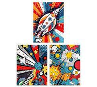 Artery8 Set of 3 Space Pop Art Comic Book Style Artwork Planet Stars and Rocket Kids Bedroom Unframed Wall Art Living Room Poster Prints Pack
