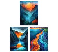 Artery8 Set of 3 Vibrant Sunset Mountain Landscapes Living Room A4 Size Wall Art Prints Pack