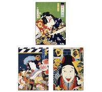 Artery8 Set of 3 Vintage Japanese Theatre Colourful Kabuki Wall Art Prints A4 Size Living Room Decor