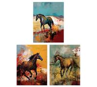 Artery8 Set of 3 Wild Horses Oil Paintings Galloping Wilderness Canada Earthy Tones Aesthetic Unframed Wall Art Living Room Poster Prints Pack Artery8 Brown A4