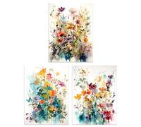 Wall Art Print Set of 3 Wildflowers Colourful Watercolour Floral Artworks Spring Flower Field Living Room Poster s Pack Artery8 Multi W12 inch x H16 inch