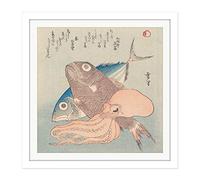 Artery8 Setsuri Still Life Of Tuna Carp And Squid Japanese Square Wooden Framed Wall Art Print Picture 16X16 Inch