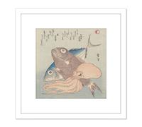 Artery8 Setsuri Still Life Of Tuna Carp & Squid Japan 8X8 Inch Square Wooden Framed Wall Art Print Picture with Mount in White Artery8 White