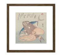 Artery8 Setsuri Still Life Of Tuna Carp & Squid Japan 8X8 Inch Square Wooden Framed Wall Art Print Picture with Mount in Brown Artery8 Brown