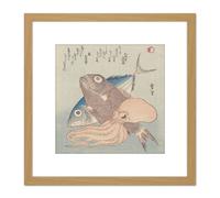 Artery8 Setsuri Still Life Of Tuna Carp & Squid Japan 8X8 Inch Square Wooden Framed Wall Art Print Picture with Mount in Light Oak Artery8 Light Oak