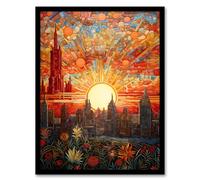 Artery8 Seville Spain Magnificent Sunrise Over Cathedral Abstract Cityscape Flowers Artwork Painting Artwork Framed Wall Art Print A4