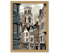 Shambles Street Cityscape with York Minster Towers Artwork Framed Wall Art Print A4 Artery8 Light Oak One Size