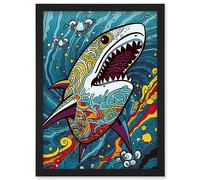Artery8 Shark Acrylic Painting Colourful Psychedelic Patterns Aquatic Animal Pop Art Artwork Framed Wall Art Print A4