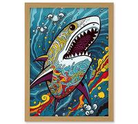 Artery8 Shark Acrylic Painting Colourful Psychedelic Patterns Aquatic Animal Pop Art Artwork Framed Wall Art Print A4