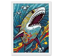 Artery8 Shark Acrylic Painting Colourful Psychedelic Patterns Aquatic Animal Pop Art Artwork Framed A3 Wall Art Print