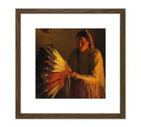 Artery8 Sharp War Bonnet Native American Painting 8X8 Inch Square Wooden Framed Wall Art Print Picture with Mount in Brown Artery8 Brown