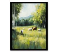 Artery8 Sheep Cows Grazing Countryside Field Painting Framed Art Print in Green | Size: A4 Artery8 Green A4