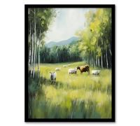 Artery8 Sheep Cows Grazing Countryside Field Painting Living Room Artwork Framed Wall Art Print A4