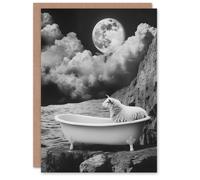 Artery8 Greeting Card Sheep in Bathtub Surreal Black White Full Moon Blank For Him Or Her Art Birthday Card