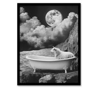 Artery8 Sheep in Bathtub Surreal Black White Full Moon Framed Art Print in Grey | Size: A4 Artery8 Grey A4