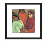 Artery8 Sher-gil Group Three Girls Painting 8X8 Inch Square Wooden Framed Wall Art Print Picture with Mount in Black Artery8 Black