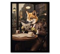 Artery8 Shiba Inu Coffee Shop Cafe Reading Newspaper Formal Dress Artwork Framed Wall Art Print A4